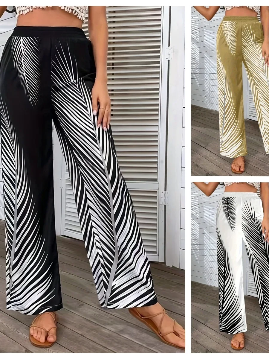 

Широкие брюки с принтом в полоску и высокой талией, прямой крой, свободные повседневные брюки для женщин, уличные брюки из полиэфирного волокна...