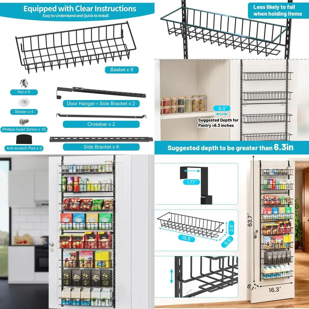 

8-Tier Door-Mounted Pantry Organizer, Storage Rack for Spices and Essentials, Metal Organizer for Home, Office, Laundry, and Kit
