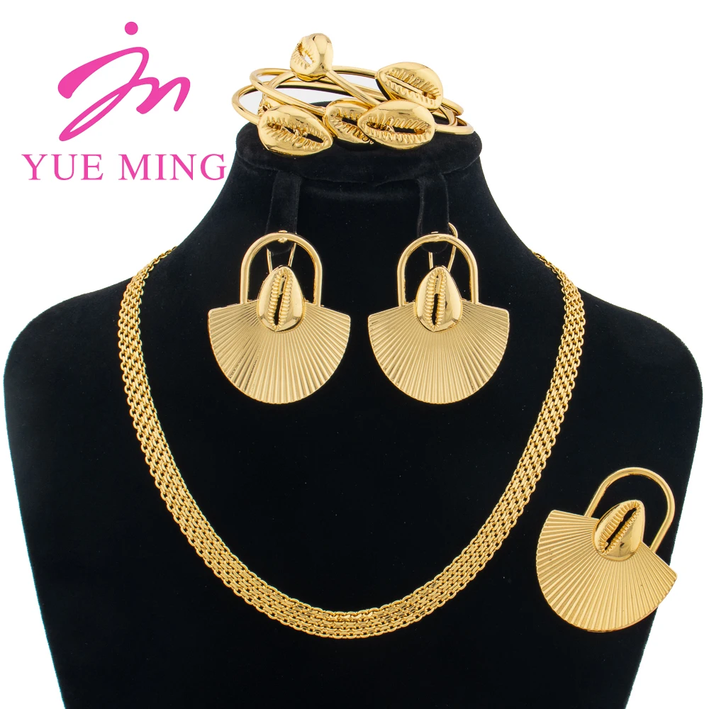 

YM Jewelry Sets for Women Dubai Gold Plated Necklace Shell Shape Earrings Charm Cuff Bangles Open Ring Banquet Party Jewellery