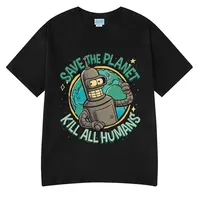 Camiseta divertida con estampado gráfico de Robot Save The Planet Kill All Humans, camiseta de manga corta a la moda para hombre y mujer, camisetas de algodón de gran tamaño