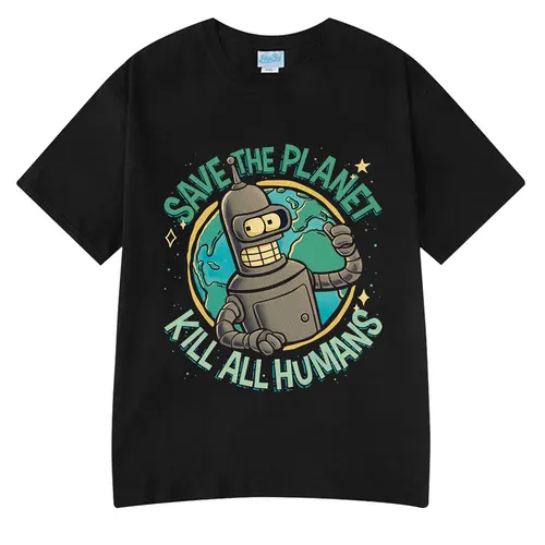 Imagen 1 del producto Camiseta divertida con estampado gráfico de Robot Save The Planet Kill All Humans, camiseta de manga corta a la moda para hombre y mujer, camisetas de algodón de gran tamaño