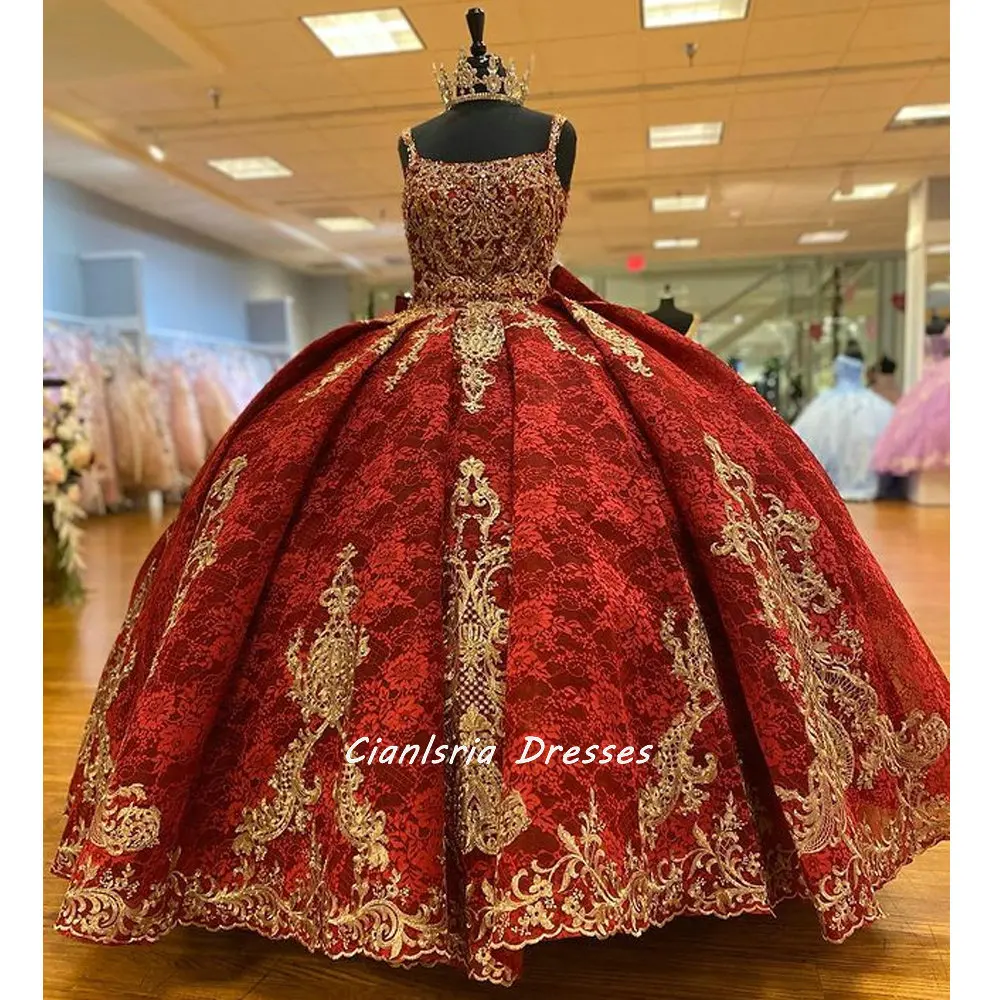 Cintas de espaguete vermelho laço bola vestido quinceanera vestidos com apliques ouro arco babados volta espartilho para doce 15 meninas festa