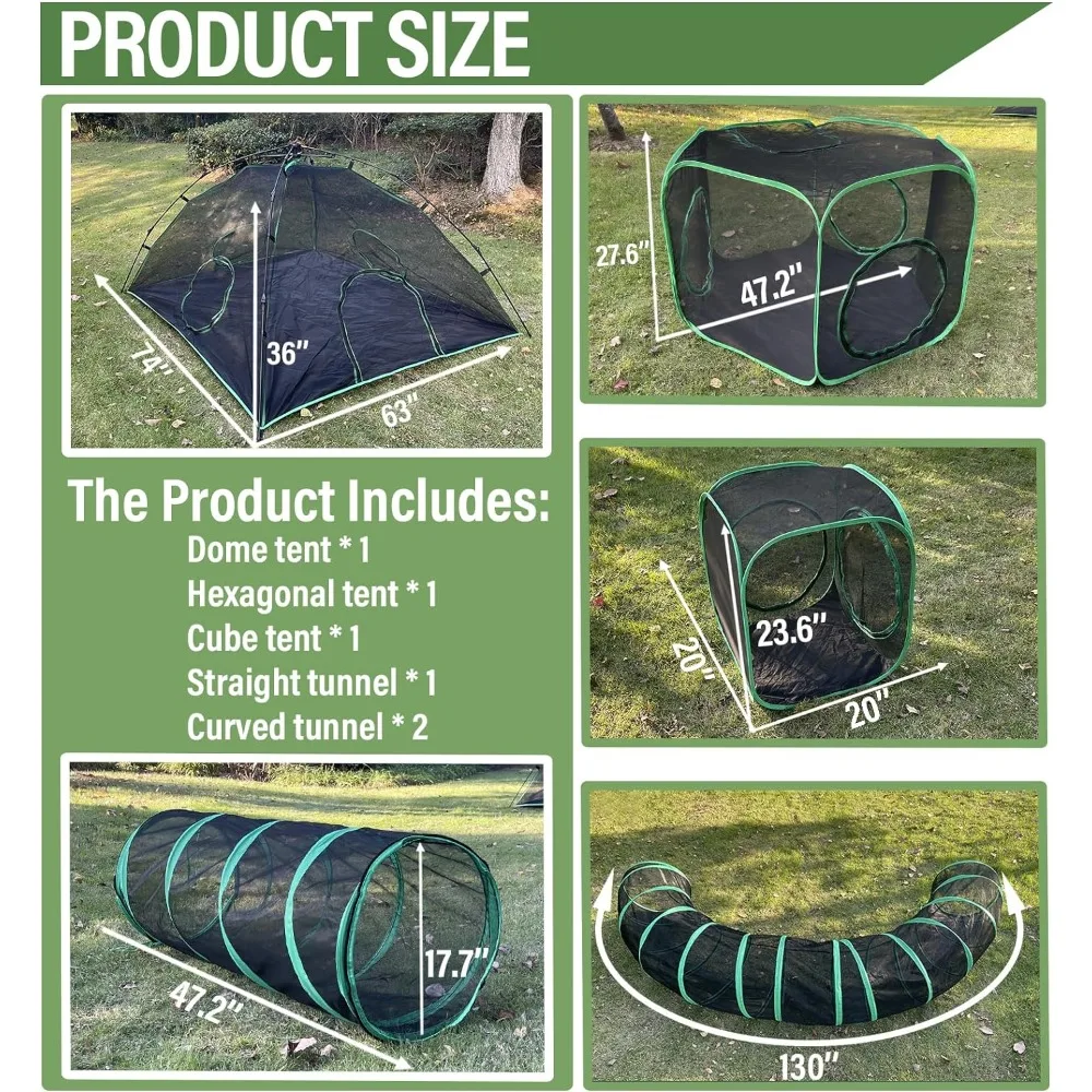 6-in-1 Outdoor Cat Play Tents and Tunnels - Portable Cat Enclosures and Playpen With 3 Tents and 3 Tunnels Things for Cats Toys