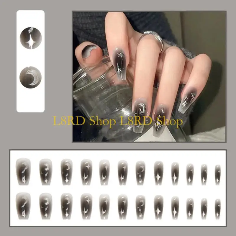 L8RD Coffin Press On Nails Black Gradient False Nails Long Full Cover on Nails