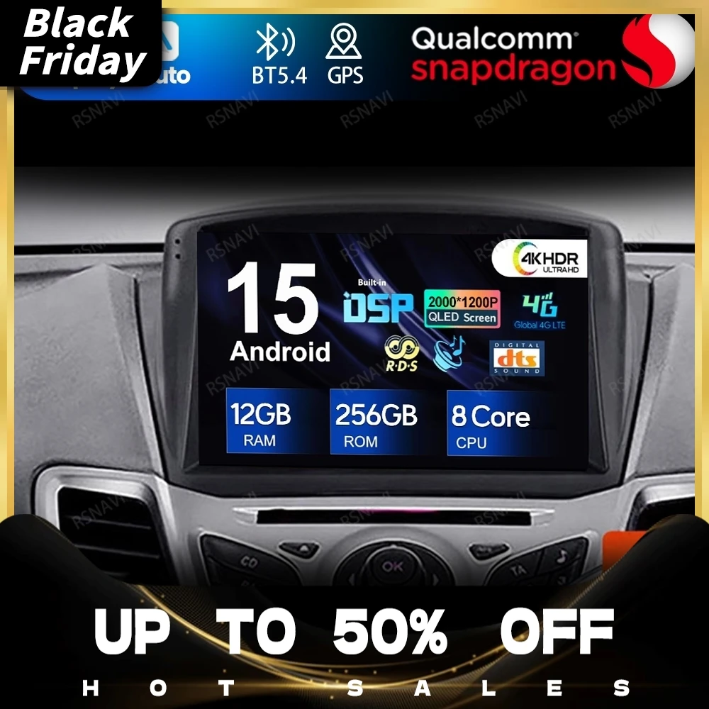 Android 15 For Ford Fiesta Mk 6 2008-2019 5G WIFI Viedo Player Wireless Carplay Auto Autoradio QLED GPS DVD Qualcomm Navigation