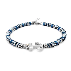 Runda Men's Stainless Steel Bracelet Blue Circle Chain with Nautical Anchor Adjustable Size 22cm Handmade Ring Bracelet for Men