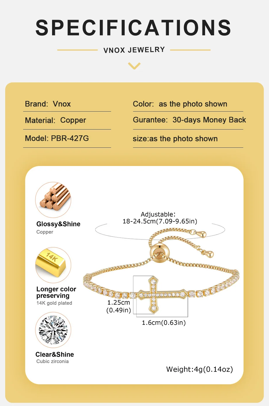 Vnox Luxus AAA Zirkonia Kreuz-Anhänger Tennisarmband für Damen Exquisites Elegantes Tennis-Handgelenksband Party Geburtstagsgeschenk – Detail 4