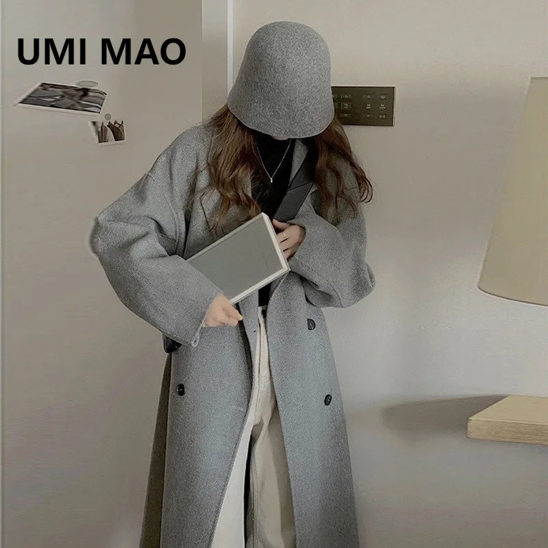 

UMI MAO Women Woolen Coats Autumn Winter Mid-Length Over-the-Knee Wool Coat Women Lazy Style Textured Petite Woolen Coat
