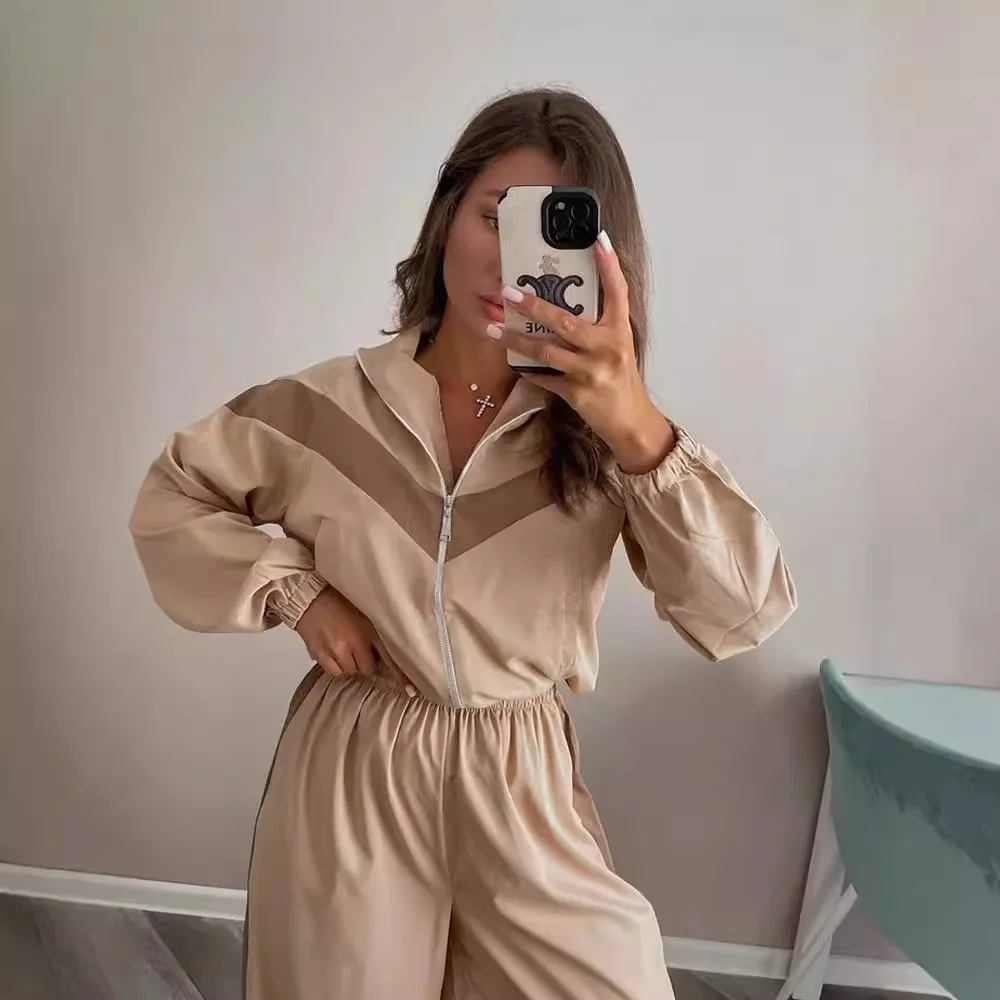 

Fashion Casual Women's Long-sleeved Contrast Color Sports Cardigan Trousers Suit Street Style Suit худи мужские