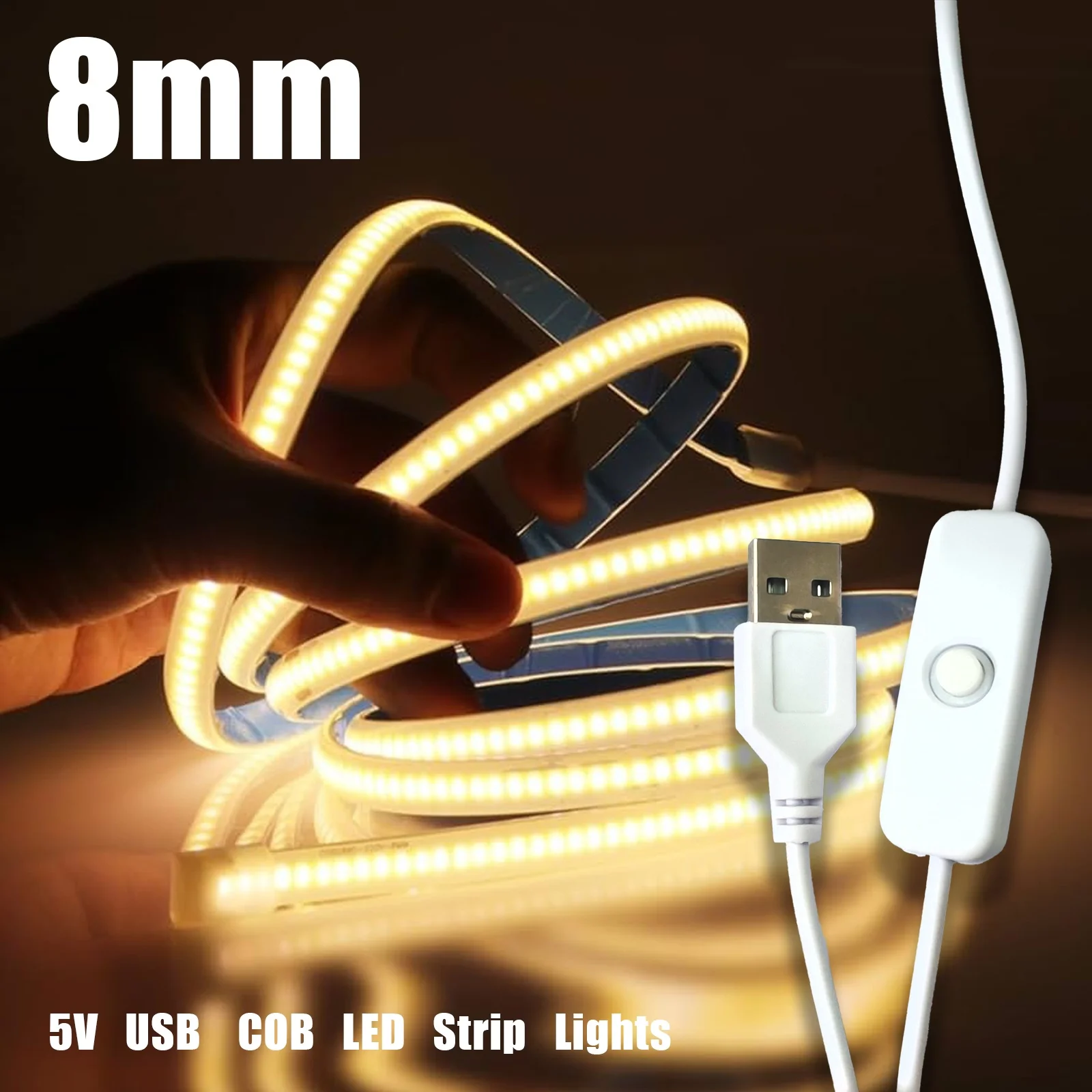 0.3m/1m/2m/3m/5m COB LED Strip Lights with 501 Button, 5V USB LED Light Strip for Bedroom, Living Room, TV, Shelf, Cabinet