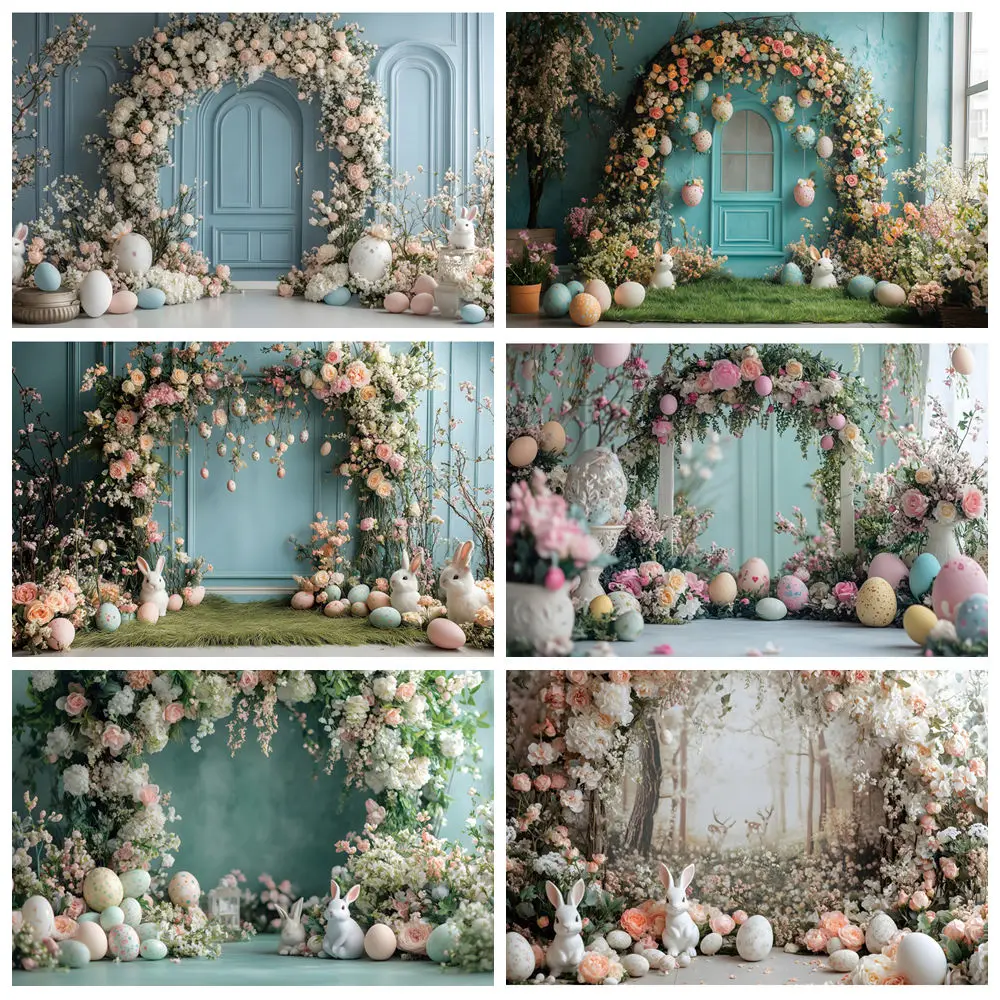 

Spring Happy Easter Backdrop Arch Florals Rabbit Easter Egg Garden Kids Birthday Easter Photography Background Photo Banner