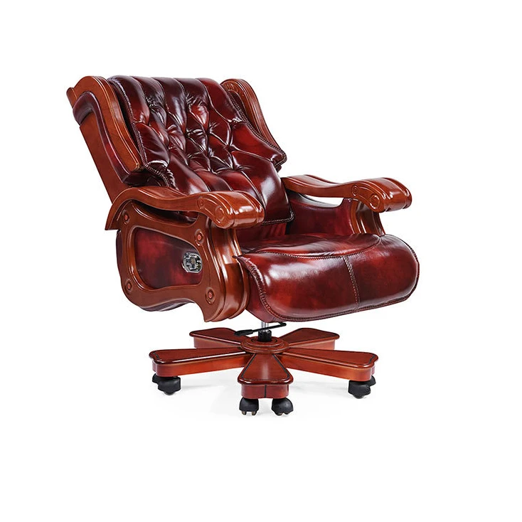 High-end administratieve houten bureaustoel koeienhuid baas stoel middeleeuwse stijl roterend