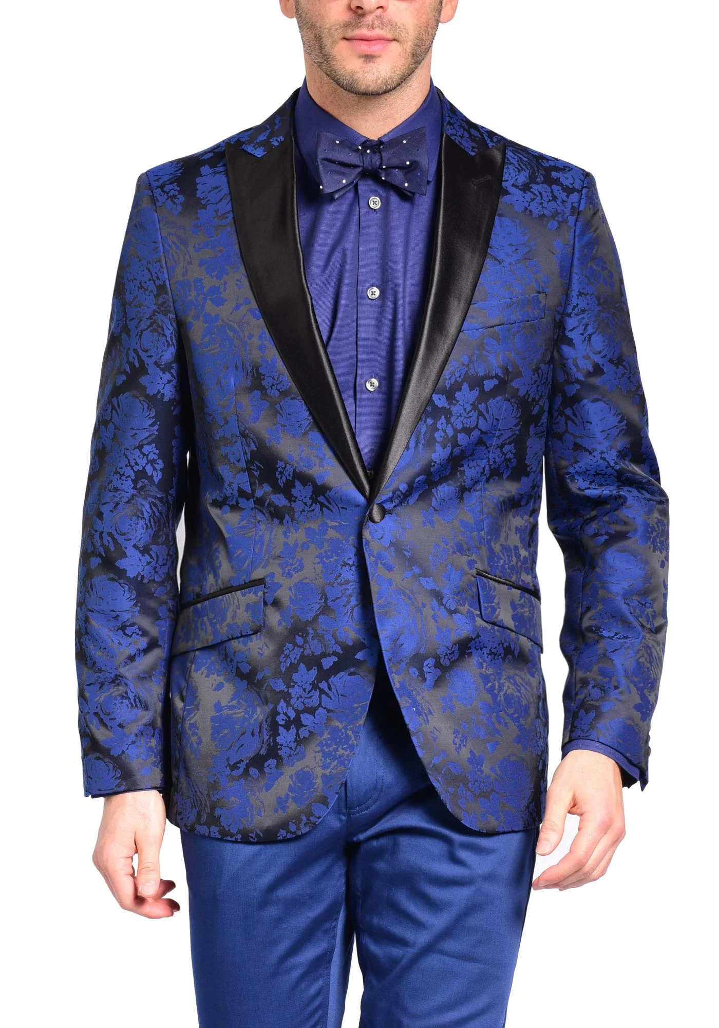 

Printed Men's Slim Fit Satin Peaked Lapel Blue Floral Evening Jacket Dress Coat Tuxedo Wedding Party Suit 2 Pieces Jacket+Pants