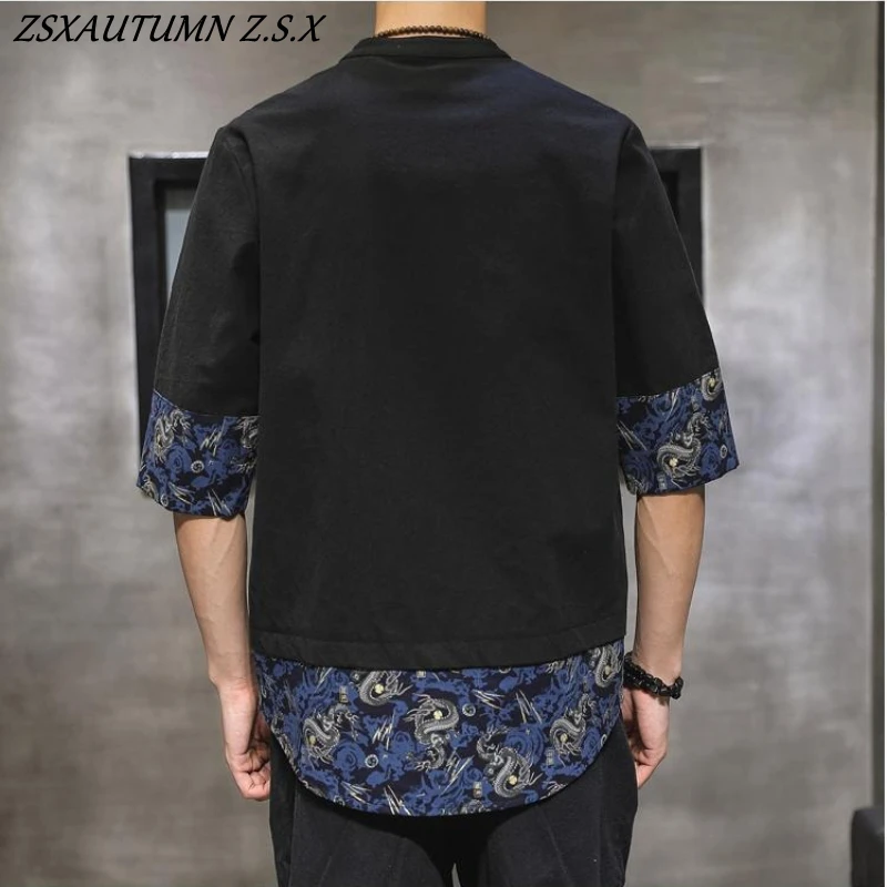 الصيف النمط الصيني خمس نقاط قصيرة الأكمام قميص الرجال القطن الصيني الكتان تانغ نمط Hanfu الملابس خمر المرقعة القمم