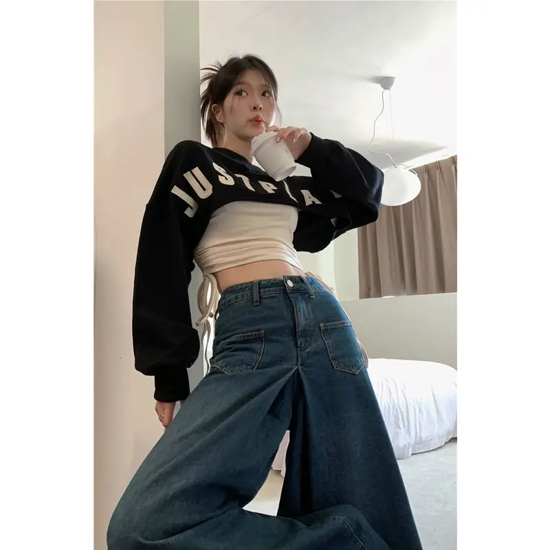 Letter Black Pullover Sweatshirt Women\'s Spring Summer Retro Female Crop Top Fashioon Streetwear Long Sleeve Oversized Hoodie