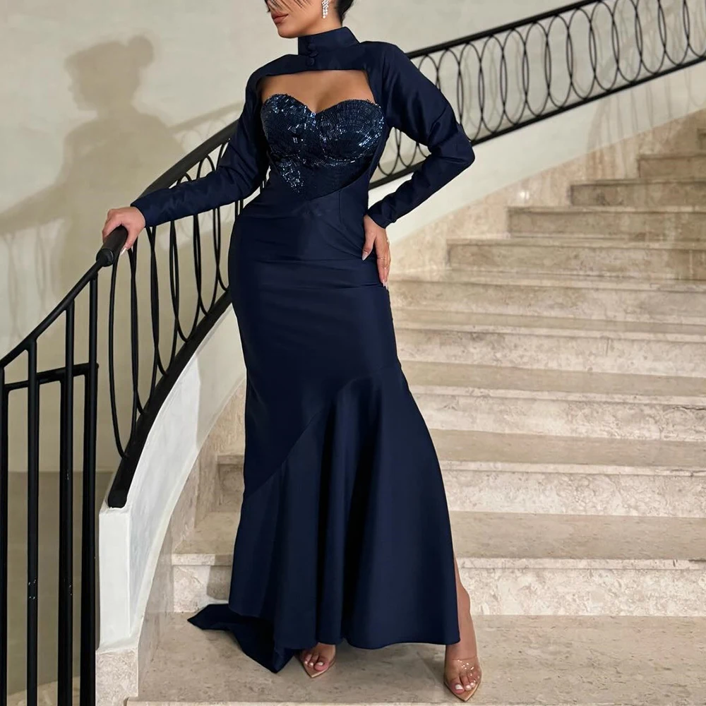 

Exquisite Satin Straight Sequined Evening Dress Temperament Long Sleeves Floor Length Sweetheart vestidos para mujer
