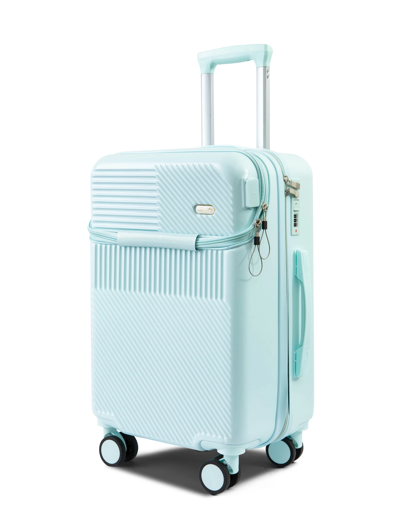 Fashionable semi open rechargeable striped simple large capacity luggage compartment with side hooks and universal wheels