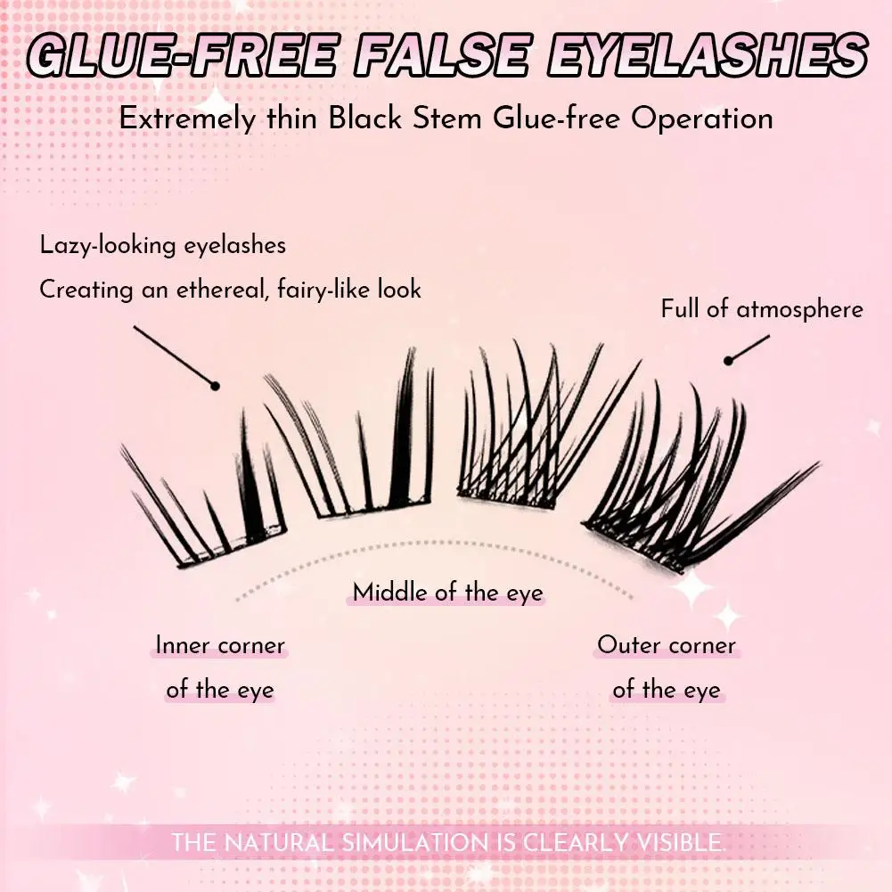 8 file Mix Ciglia finte senza colla 3D Comic Fox Style Soffici spessi, arricciatura naturale Strumento per trucco per estensione ciglia autoadesiva