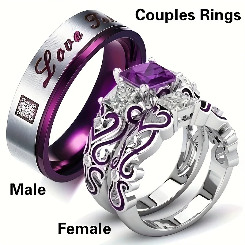 Anillos de lujo Anillo con incrustaciones de circonita sintética púrpura Pareja Anillo de compromiso de acero inoxidable Anillos de aniversario y vacaciones Regalos