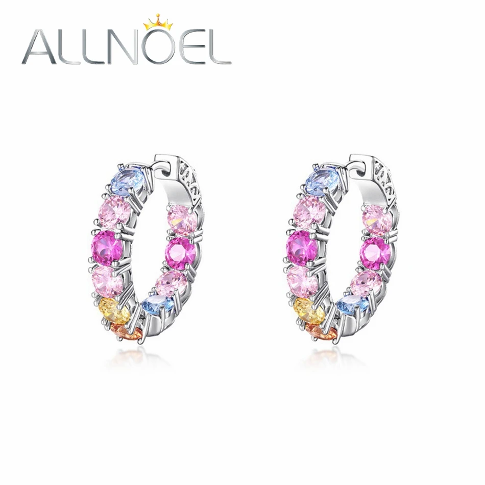 ALLNOEL 925 Sterling Silver Hoop Earrings Women Colorful 4*4mm Zircon Pink Gemstone Classic Fine Jewelry Wedding Aniversary Gift