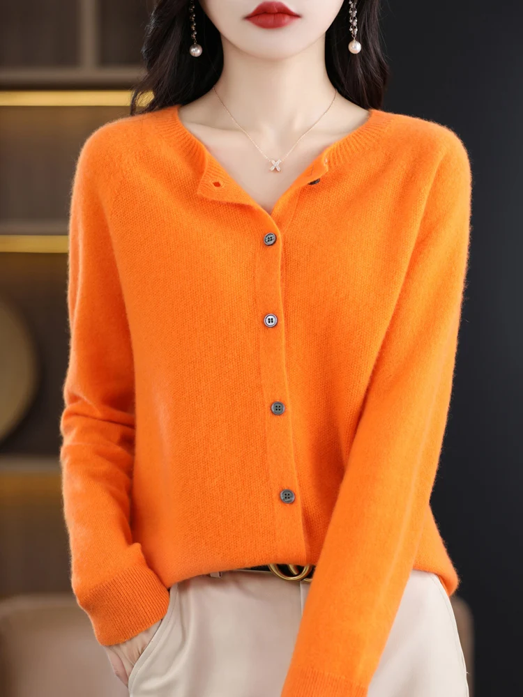 

Стильная женская одежда, осенне-зимний свитер, кардиган из 100% мериносовой шерсти, вязаный мягкий кашемир с круглым вырезом, корейский однобортный