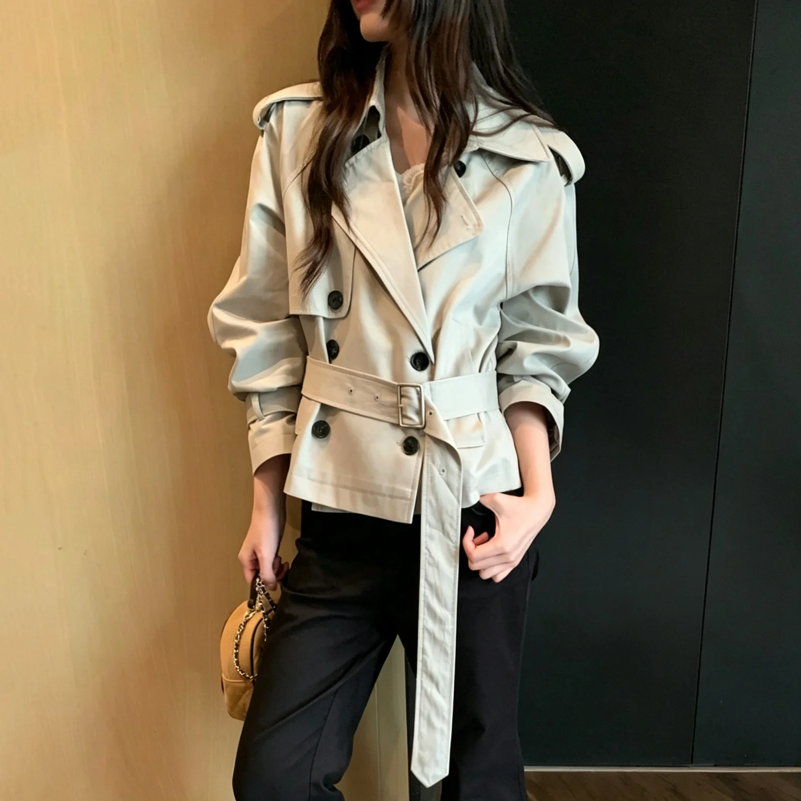 RU Lapel Double Breasted Cropped Windbreaker Adjustable Waist Belt Drop Shoulder Loose Fit Casual Commuter Trench Coat