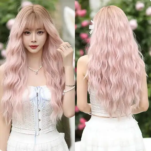 Long Body Wavy Sakura Pink Wig for Sweet Girl High Density Synthetic Loose Curly Hair Wig with Bangs Beginner Friendly