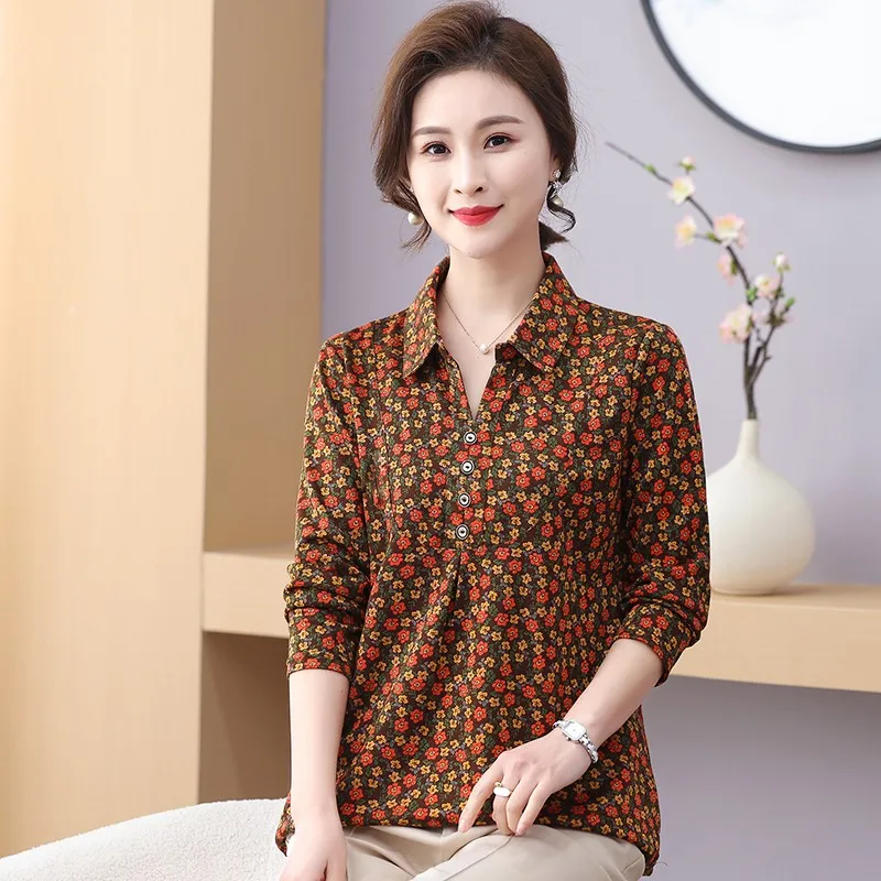 Female Clothing Vintage Broken Flowers Shirt Casual Folds Spliced Spring Autumn Polo-Neck Buckle Midi Blouse