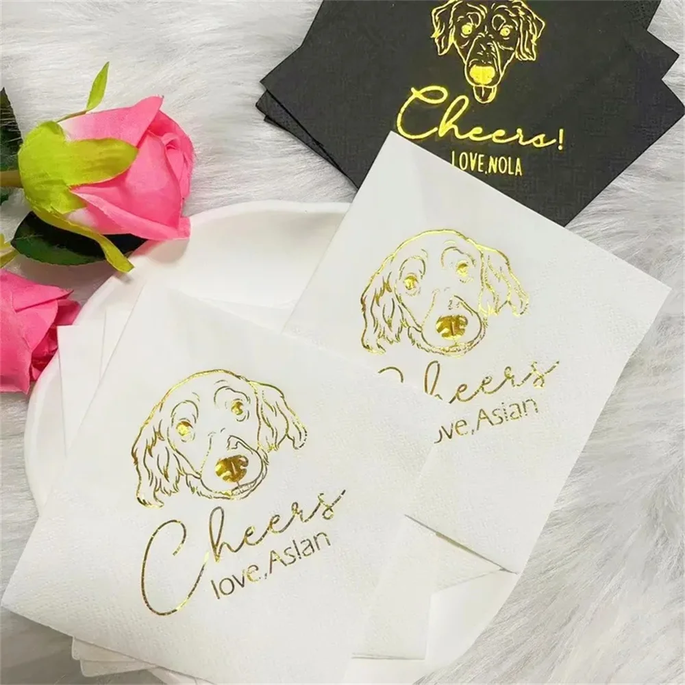 

50 PCS Custom Illustrated Gold Foil Dog Wedding Napkins, Custom Pet Foil Cocktail Napkins, Personalized Engagement Napkins, Part