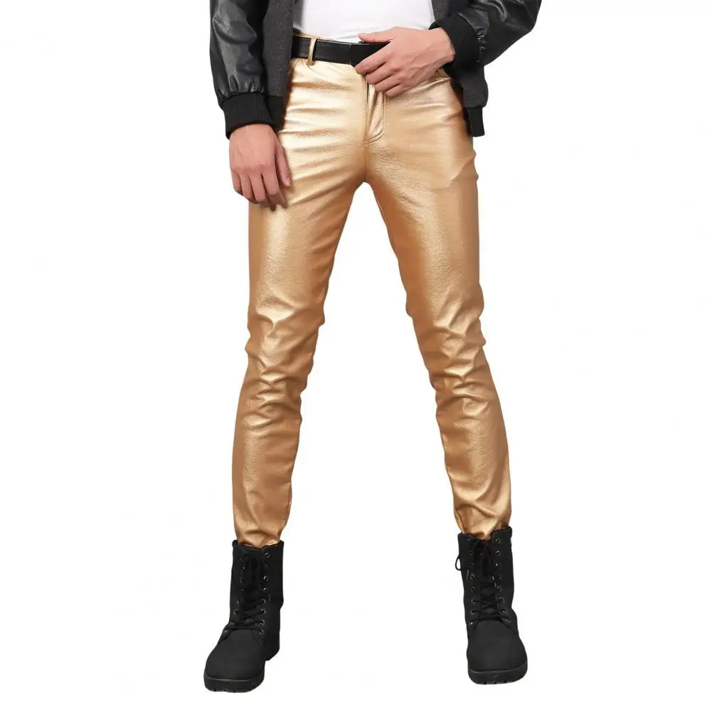 Black Casual Trouser Mens Skinny Shiny Gold Silver Motorcycle Nightclub Stage Skinny Pants for Singers Dancers