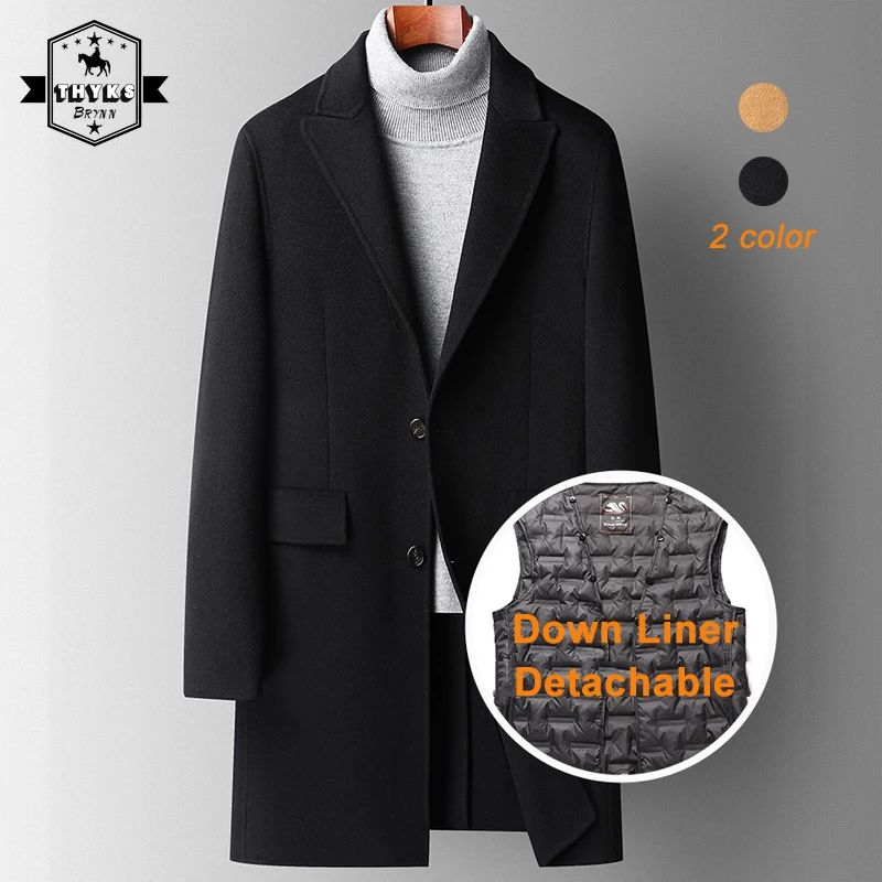

Men's 100% Wool Lapel Double-sided Overcoat Mid-long Down Liner Detachable Coat Luxury Warm Winter Jacket Thickened Trench Coats
