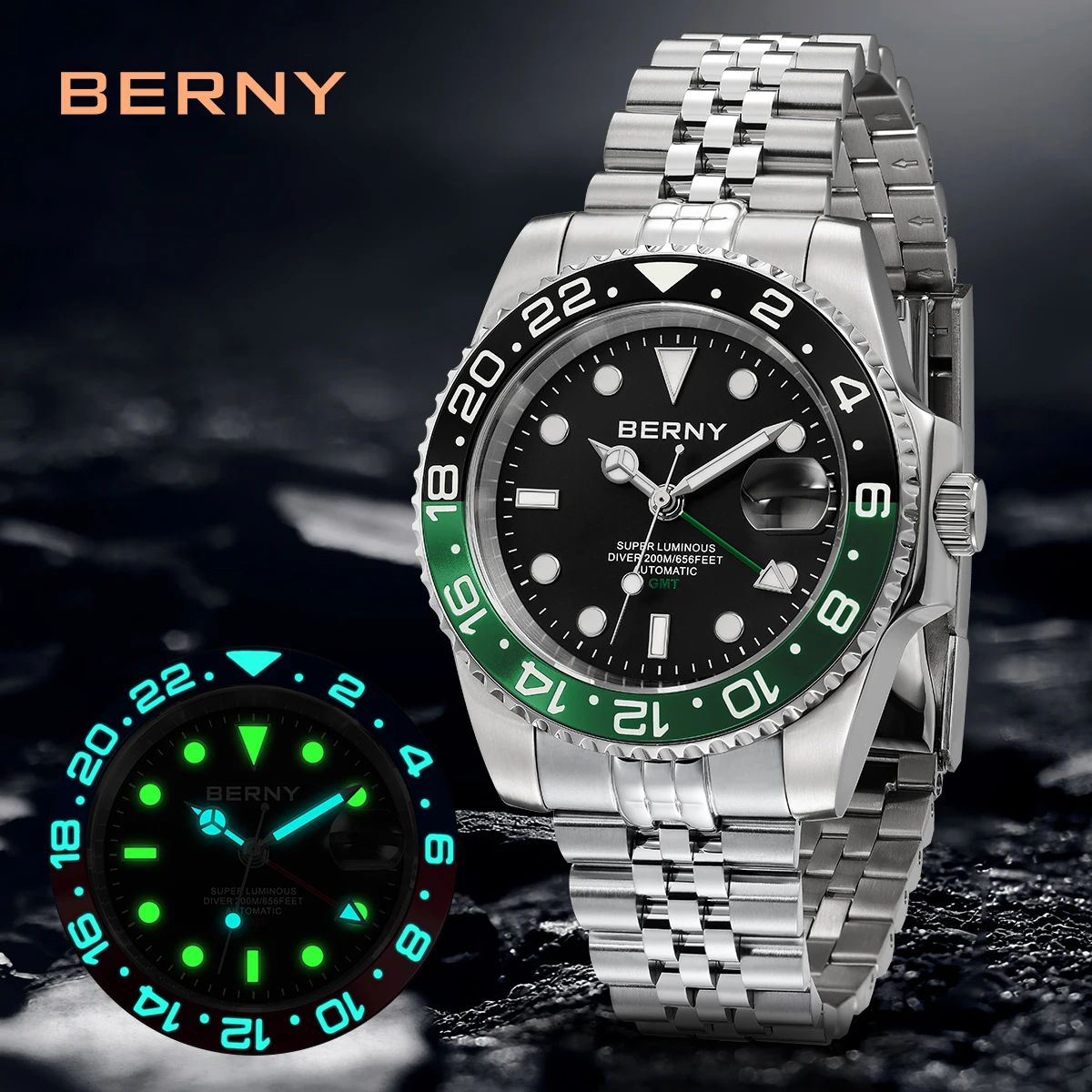 BERNY 200 Meters Men Automatic Diving Watch GMT NH34 Best Super Luminous AR Sapphire Sport Wristwatch Mechanical Watch for Men