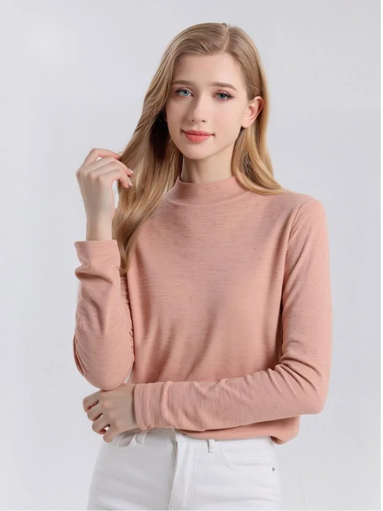 

100% Wool Half High Collar Base Layer Shirt For Women Winter Knitted Warm Soft Long Sleeve T-Shirt