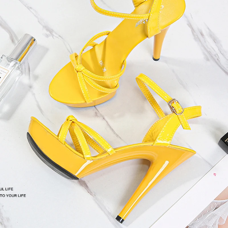 

Sexy Heels for Ladies Cross Strap Platform Sandals Women Patent Leather 13CM Thin Heeled Pumps Nightclub Dress Shoes Female