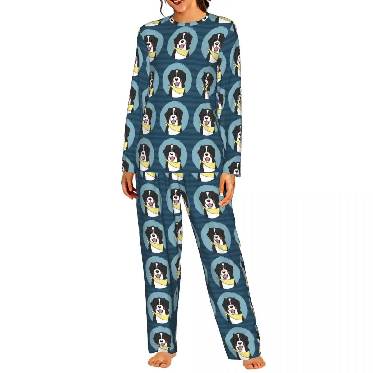 Friendly Bernese Mountain Dog Animal Round Neck Long Sleeve Nightgowns for Sleeping Sleepshirts Women Soft Pajama Set Long Pants