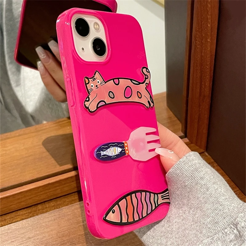 Cartoon Cute 3D Cat Fish Pink Phone Case For iPhone 15 14 13 12 Pro 11 Max Korea Girl Fork Shockproof Glossy Silicone Soft Cover