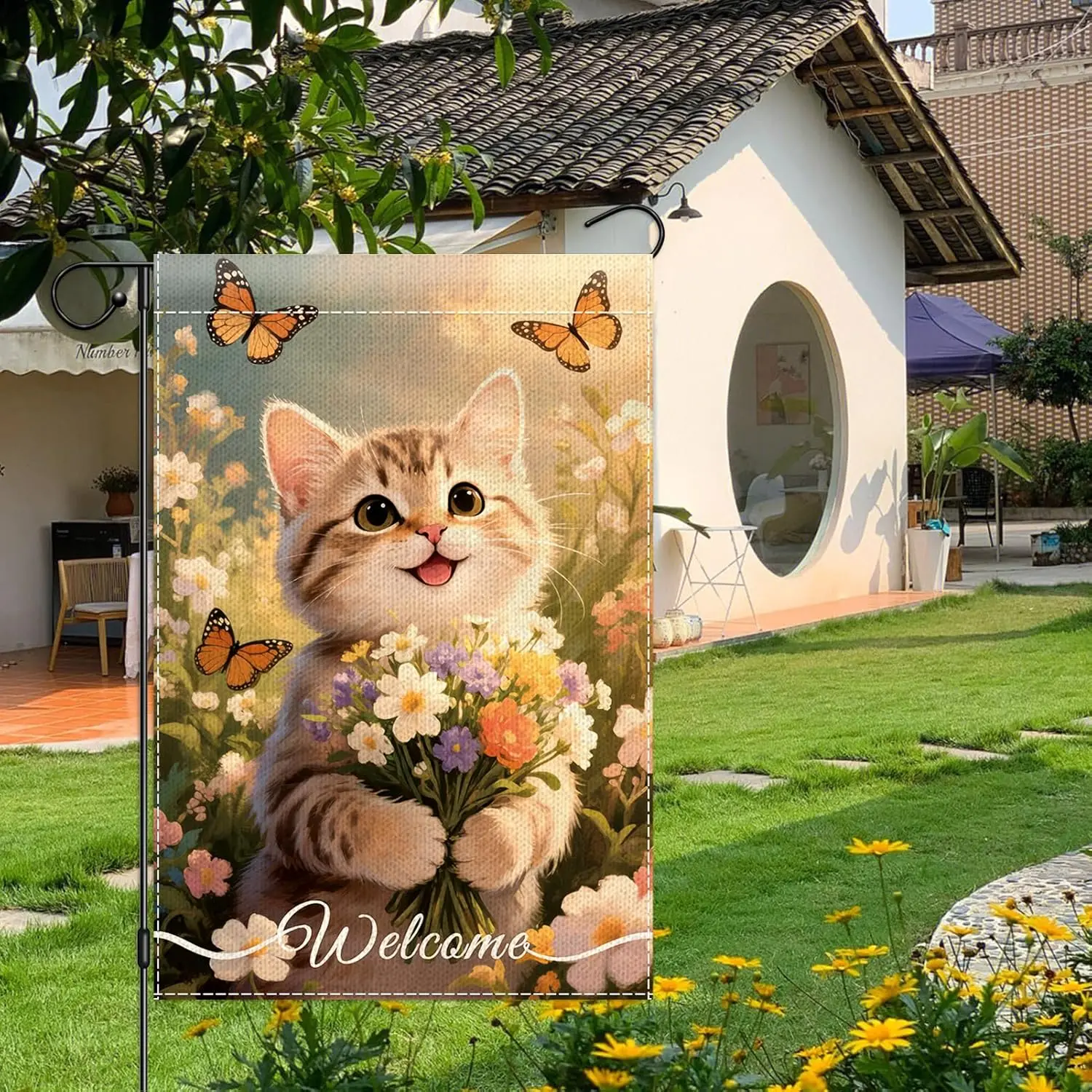 Welcome Cat Garden Flag 12x18 Double Sided, Colorful Floral Butterfly Small Burlap Flag for Home Outdoor Decor, Seasonal Yar ZZM