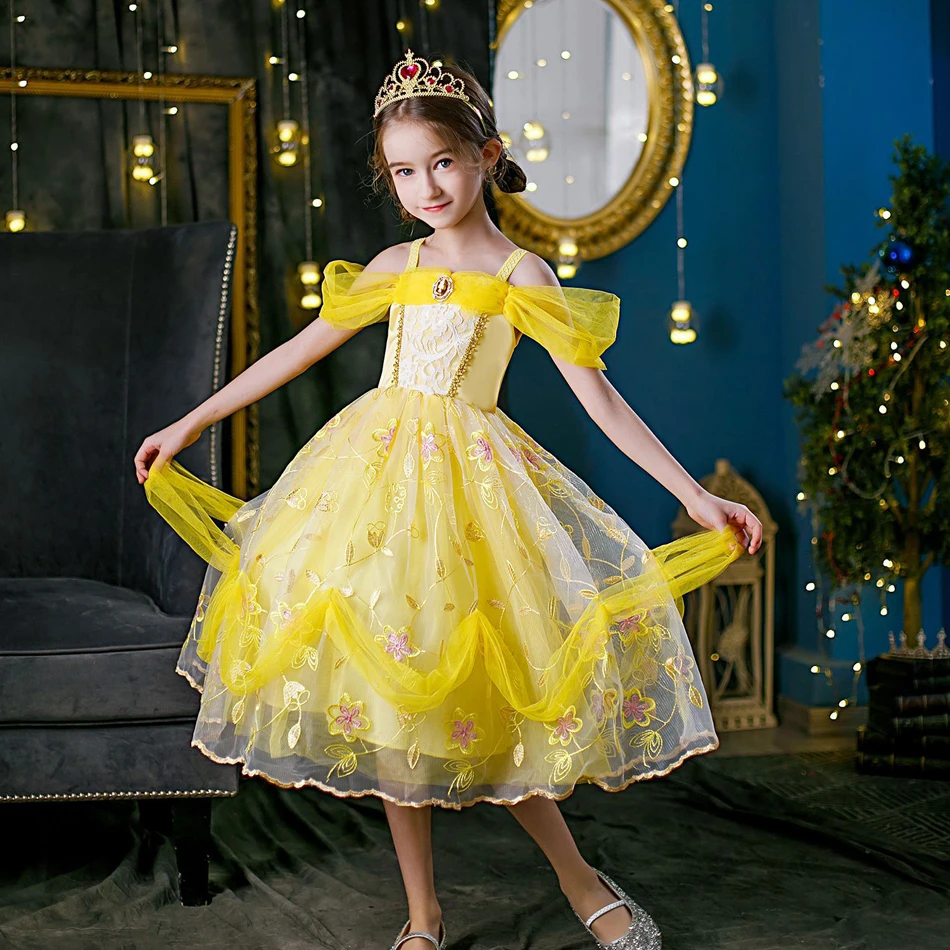 Girl Princess Belle Dress Beauty and Beast Cosplay Costume Birthday Praty Yellow Luxury Wedding Ball Gown Kid Carvinal Fancy Clo