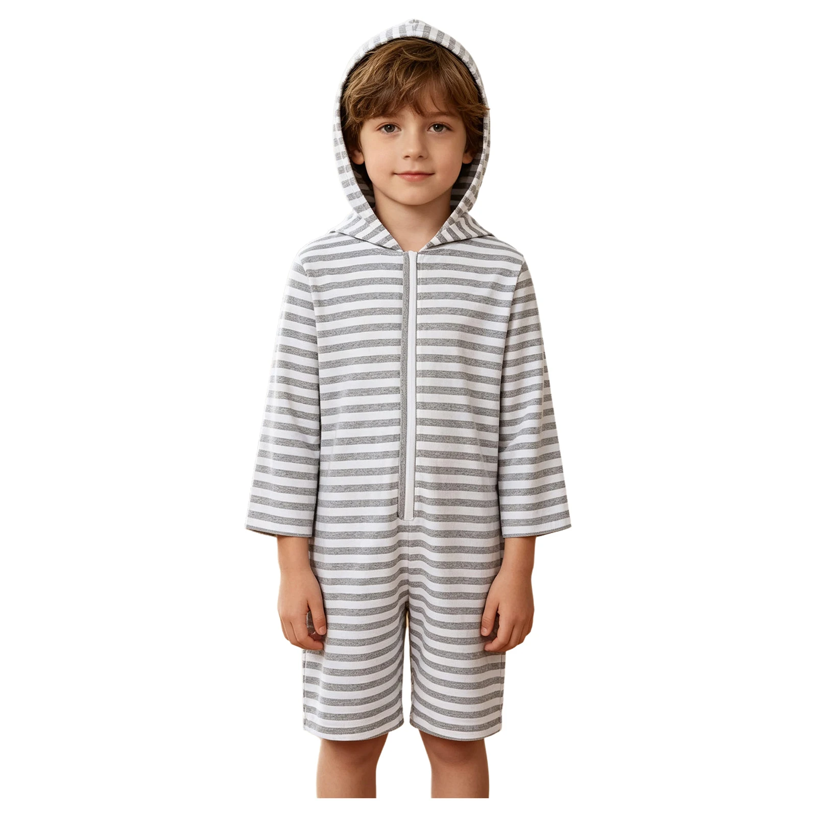 Kids Boys Girls Short Jumpsuit Tight Long Sleeve Thigh Length Loose Bodysuit Zipper Hooded Rompers Casual Home Wear Tracksuit