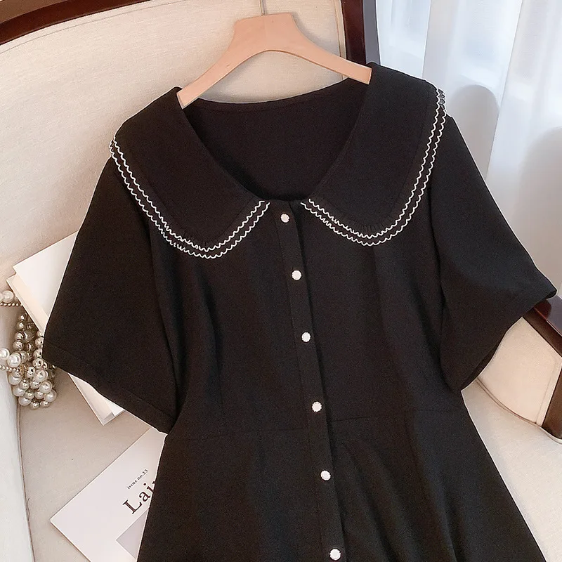 Imagem -05 - Grande Busto 160 Verão Solto Peter Pan Collar Camisa Casual de Manga Curta Vestido Preto 5xl 6xl 7xl 8xl 9xl 160kg Tamanho