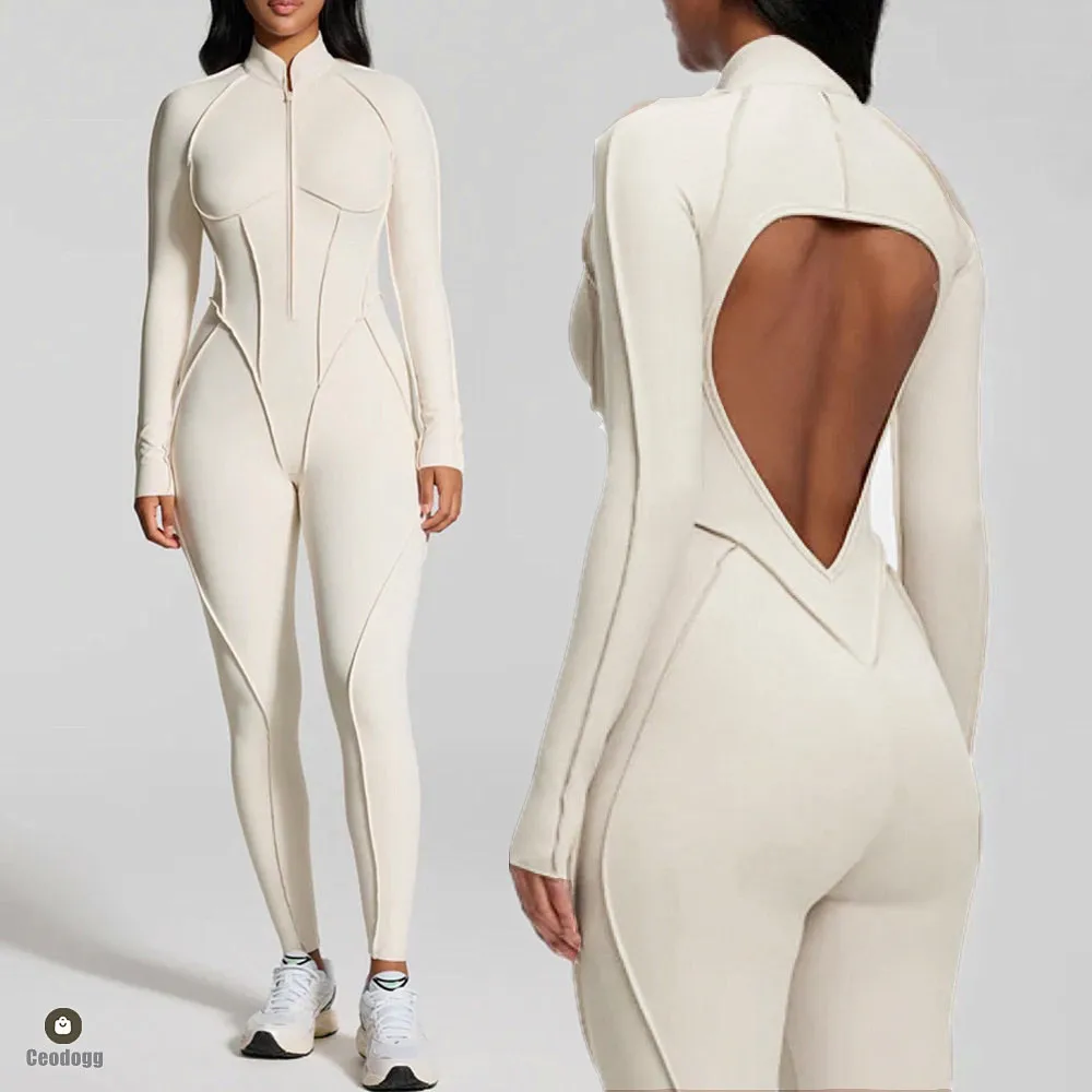 Pad Zipper Yoga Set Sports Fitness Hollow Back Skinny Women One-Piece Jumpsuits Workout Legging Clothing Gym Bodysuit XP83 - Image 3