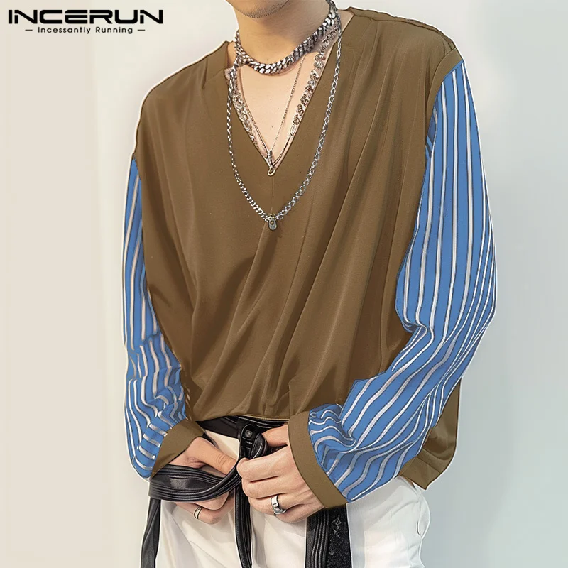INCERUN Tops 2024 Korean Style Handsome Men\'s Casual Streetwear Hot Sale Striped T-shirt Male Simple Long Sleeved Camiseta S-5XL