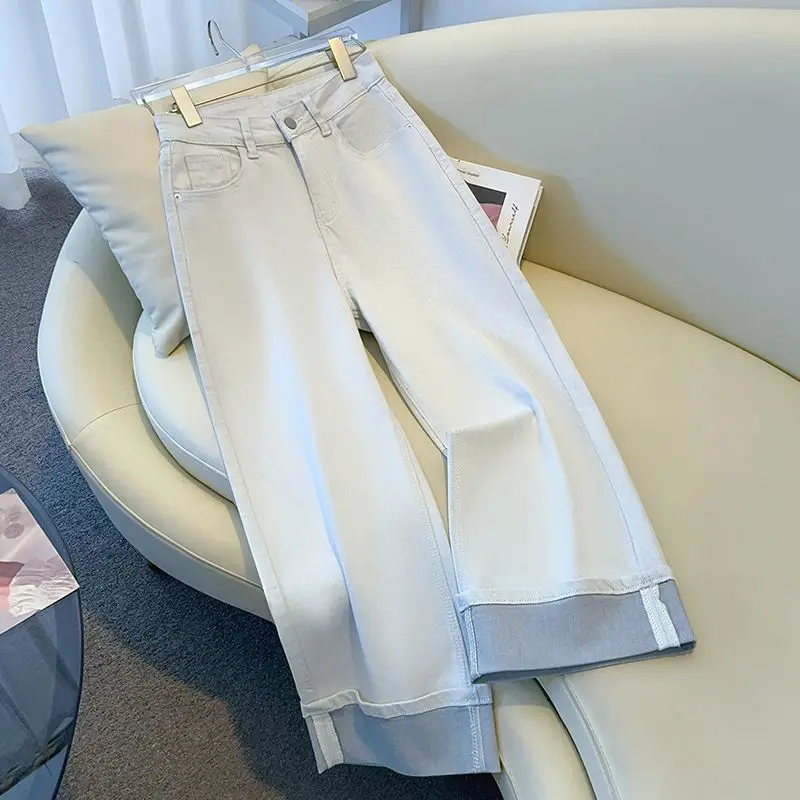 

2025 Autumn New Casual Grey White Color Blocking Flanged High Waist Fashion Wide Leg Pants Women Straight Denim Pants