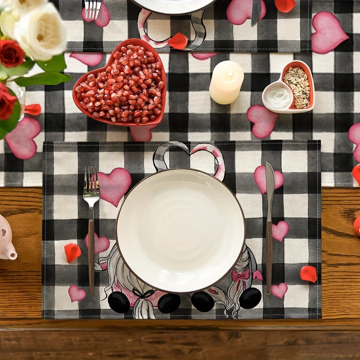 Pink Buffalo Plaid Heart Heat Resistant Washable Table Placemats Birthday Party Dining Decor 4 Piece Set