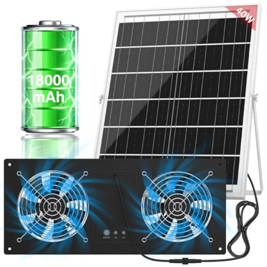 

40W Solar Powered Exhaust Fan with 18000mAh Battery and Timer 3500RPM High-Speed Waterproof Ventilation Fan for Chicken Coop Gr