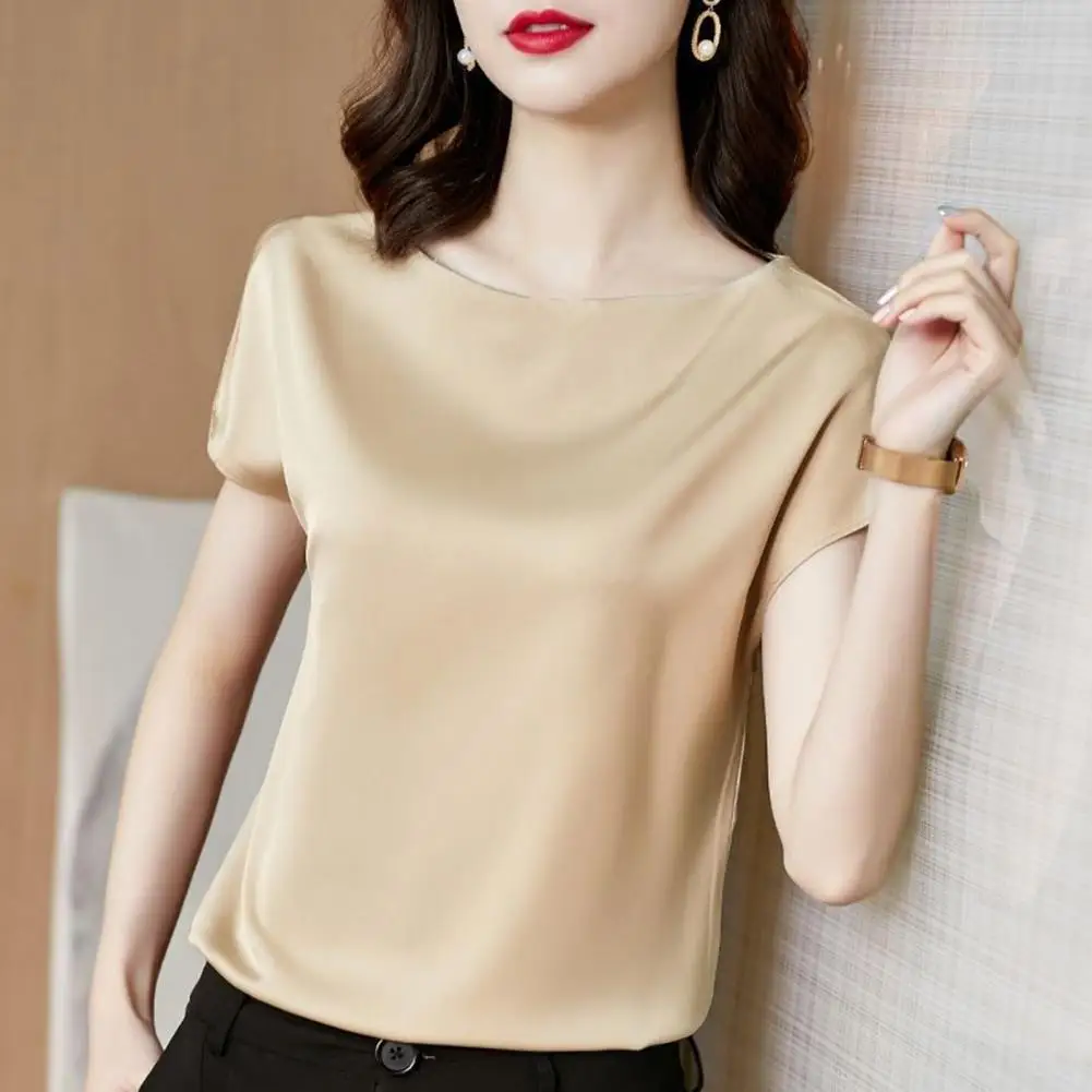 

Summer Top Stylish Women's Summer Shirt Round Neck Casual Top Solid Color Loose Fit Pullover Smooth Fabric Workwear for Everyday