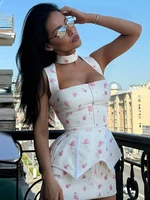 Elegant Print Waistband Short Dress For Women Square Collar Sleeveless Zip Up Waist-closed Dresses 2026 Summer Lady Party Robes - Image 6