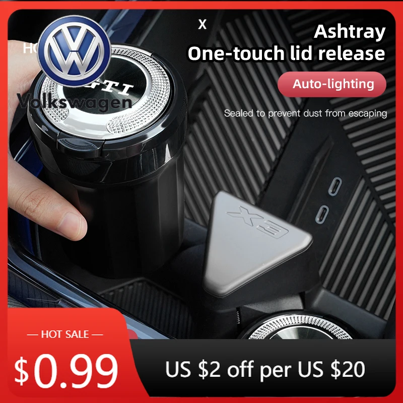 Новинка 2026: Портативная автомобильная светодиодная пепельница VOLKSWAGEN с керамическим вкладышем – аксессуар для интерьера авто для Volkswagen GTI, Passat, Golf, Polo, ID.3, T
