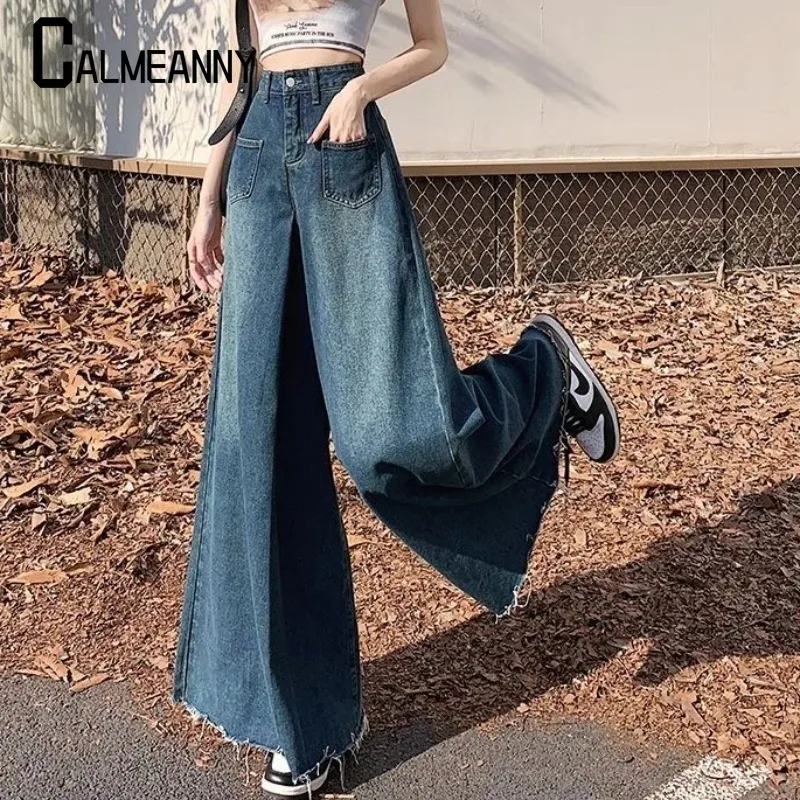 2024 Primavera Autunno Vintage Jeans Donna a vita alta Loose-fit a forma di pera Alla moda Trailing Bordo ruvido Pantaloni a zampa d'elefante a gamba larga