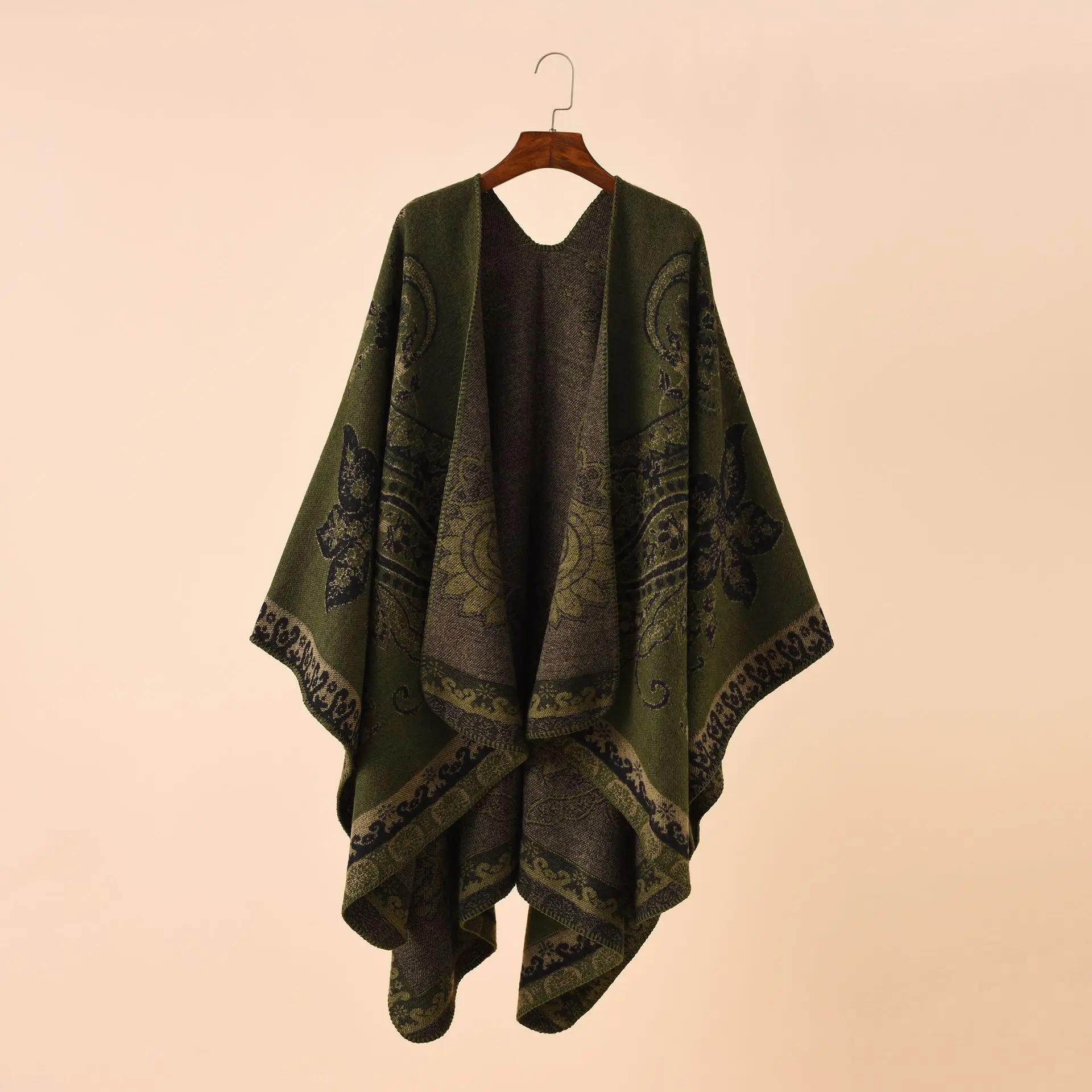 Herfst Winter Nieuwe Straat Geometrische Rooster Bloemenpatroon Imitatie Kasjmier Warme Sjaal Mantel Vrouwen Poncho Capes Rood